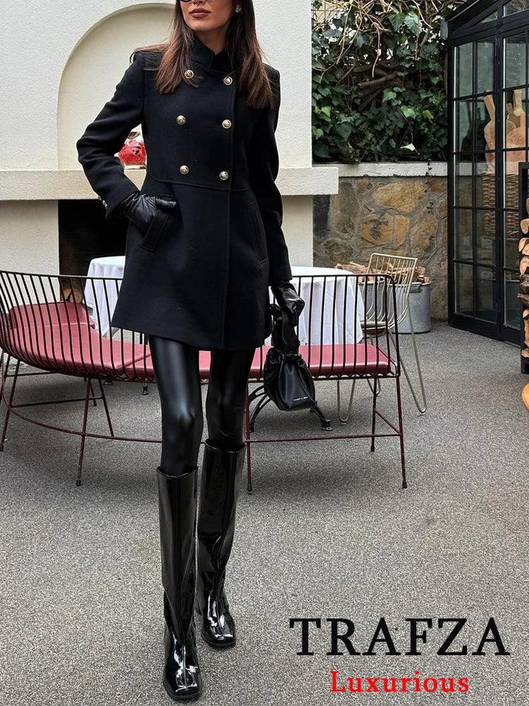 TRAFZA Vintage Chic Black Solid Women Overcoat Double Breasted Oversized Long Jacket New Fashion 2024 Autumn Winter Thick Coats