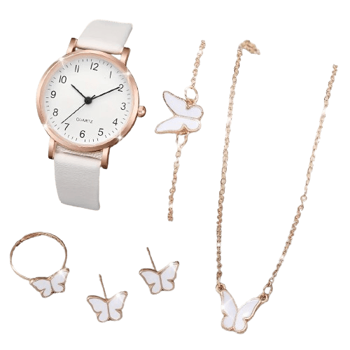 6PCS Women's Watch Set: Casual Arabic Dial Quartz Watches with PU Leather Strap & Butterfly Jewelry (Without Box)