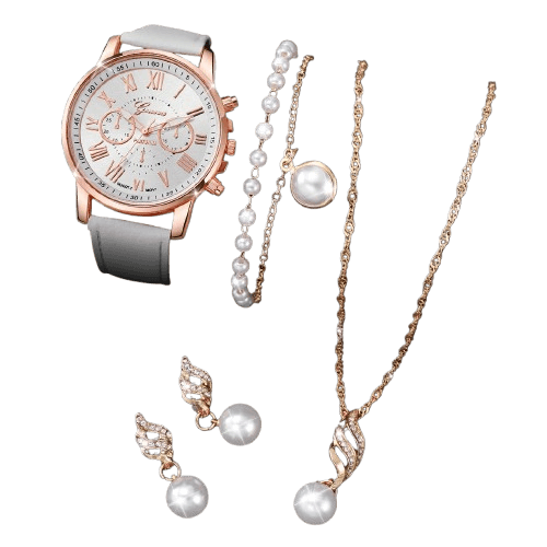 5PCS Women's Fashion Watch Set: Roma Dial Leather Band Quartz Watches with Pearls Jewelry (Without Box)