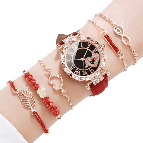 6PCS Women's Fashion Watch Set: Roma Heart Dial Quartz Watches with Leather Band and Leaf Bracelets (Without Box)