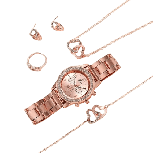 6-Piece Rose Gold Jewelry Set: Women's Luxury Watch, Ring, Necklace, Earrings, and Rhinestone Bracelet