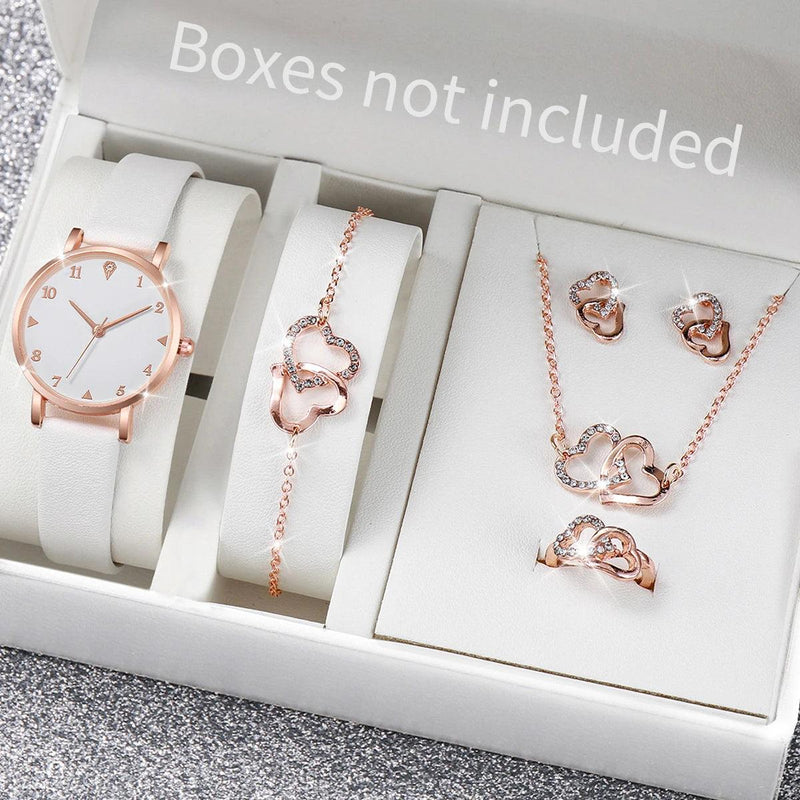 6PCS Women's Fashion Watch Set: Leather Band Quartz Watches with Double Heart Jewelry (Without Box)