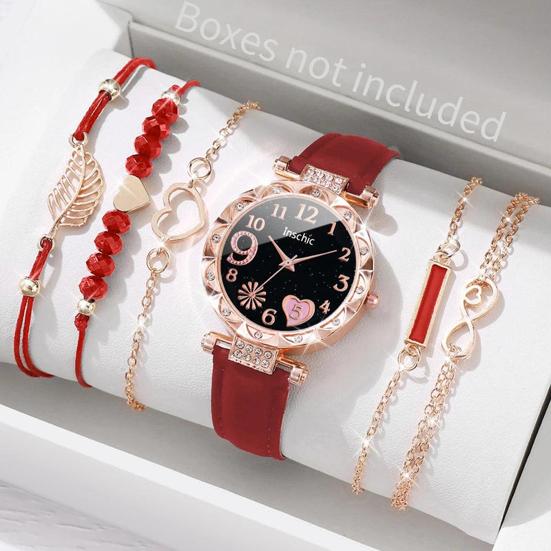 6PCS Women's Fashion Watch Set: Roma Heart Dial Quartz Watches with Leather Band and Leaf Bracelets (Without Box)