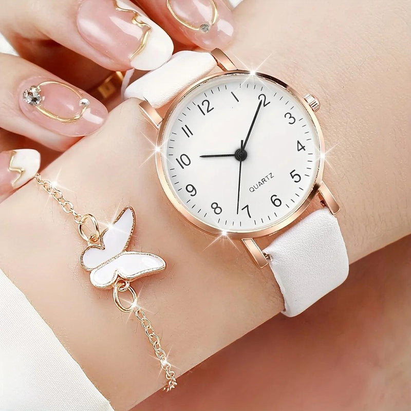 6PCS Women's Watch Set: Casual Arabic Dial Quartz Watches with PU Leather Strap & Butterfly Jewelry (Without Box)