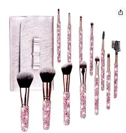 12-Piece Diamond-Studded Makeup Brush Set – Full Diamond Powder, Foundation & Concealer Brushes – Bling Beauty Tools