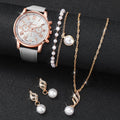 5PCS Women's Fashion Watch Set: Roma Dial Leather Band Quartz Watches with Pearls Jewelry (Without Box)