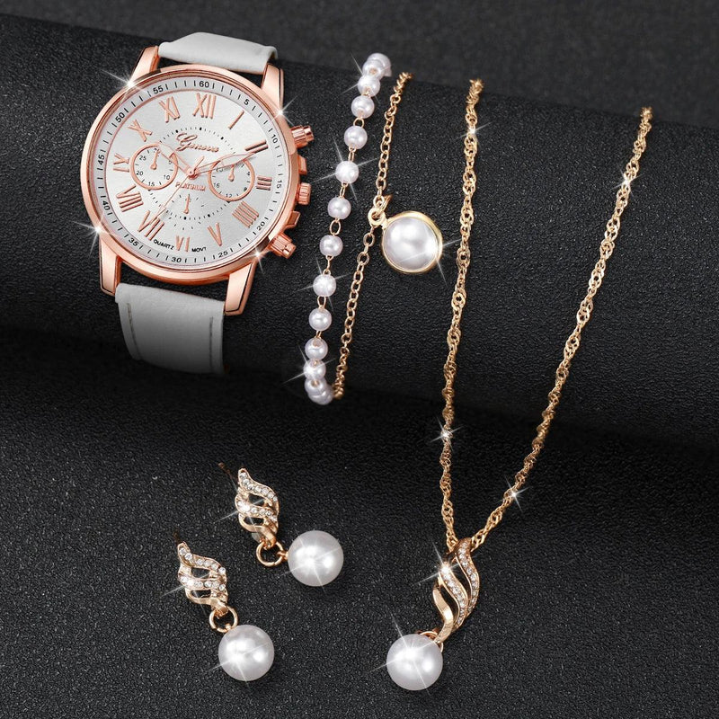 5PCS Women's Fashion Watch Set: Roma Dial Leather Band Quartz Watches with Pearls Jewelry (Without Box)