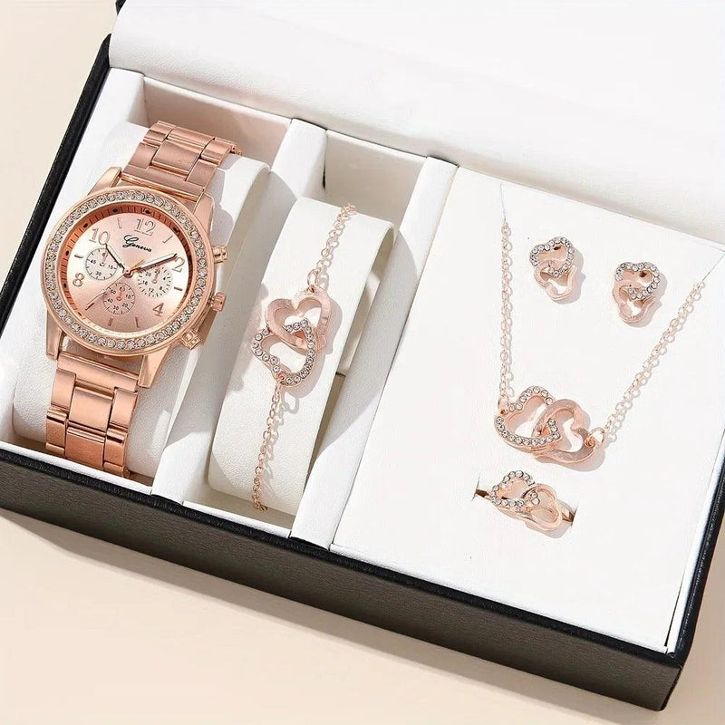 6-Piece Rose Gold Jewelry Set: Women's Luxury Watch, Ring, Necklace, Earrings, and Rhinestone Bracelet