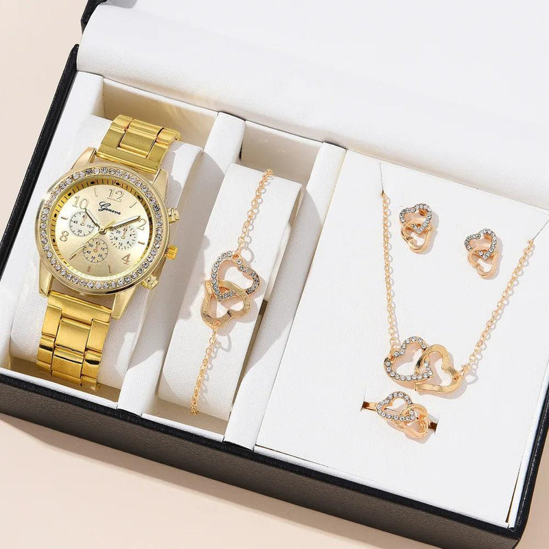 6-Piece Rose Gold Jewelry Set: Women's Luxury Watch, Ring, Necklace, Earrings, and Rhinestone Bracelet