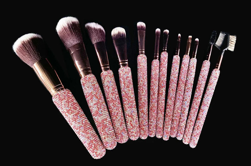 12-Piece Diamond-Studded Makeup Brush Set – Full Diamond Powder, Foundation & Concealer Brushes – Bling Beauty Tools