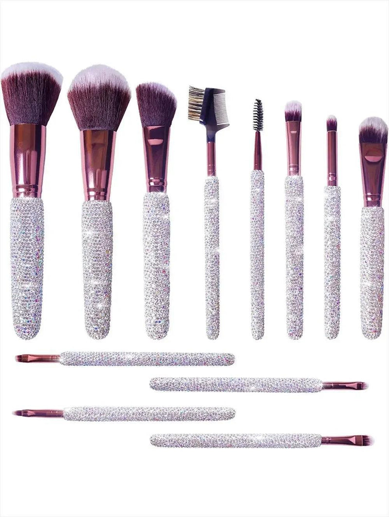 12-Piece Diamond-Studded Makeup Brush Set – Full Diamond Powder, Foundation & Concealer Brushes – Bling Beauty Tools