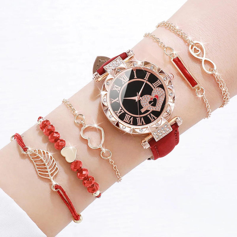 6PCS Women's Fashion Watch Set: Roma Heart Dial Quartz Watches with Leather Band and Leaf Bracelets (Without Box)