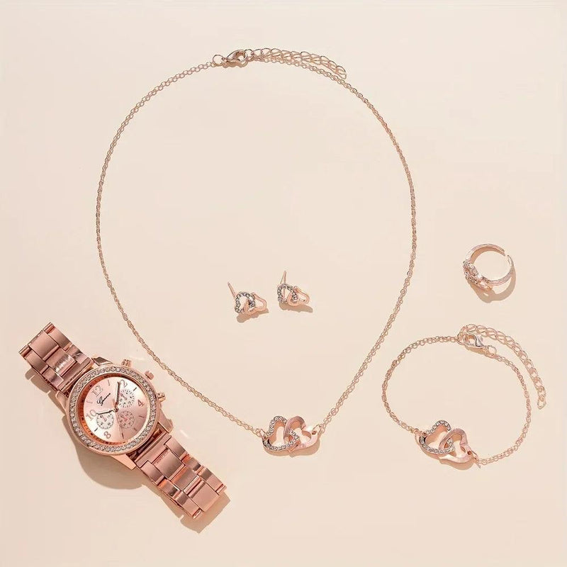 6-Piece Rose Gold Jewelry Set: Women's Luxury Watch, Ring, Necklace, Earrings, and Rhinestone Bracelet