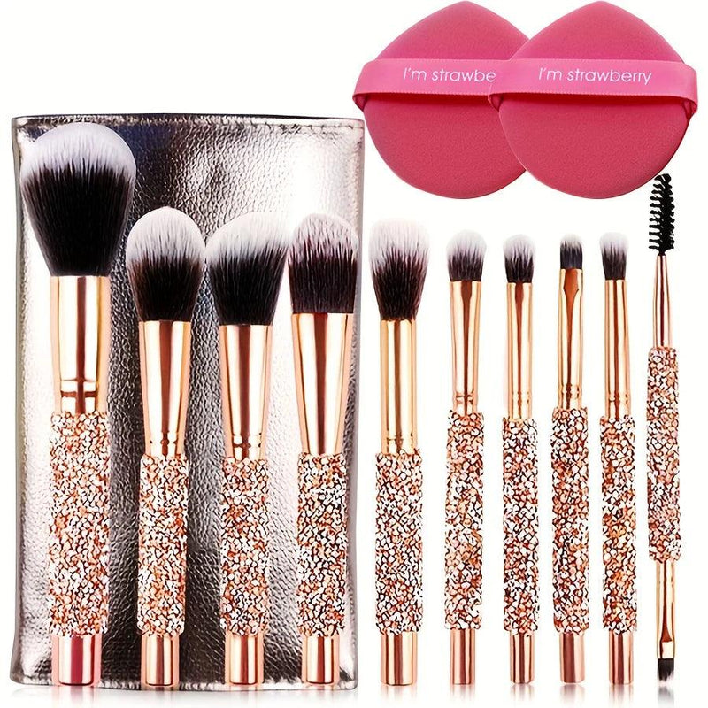 13pcs Set High-End Gold-Wrapped Diamond Handmade Makeup Brushes & Powder Puff - Customizable, Perfect for Beginners - Valentine's Day Gifts (February 14th)