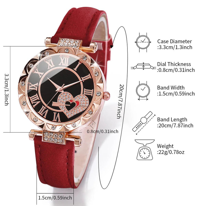 6PCS Women's Fashion Watch Set: Roma Heart Dial Quartz Watches with Leather Band and Leaf Bracelets (Without Box)