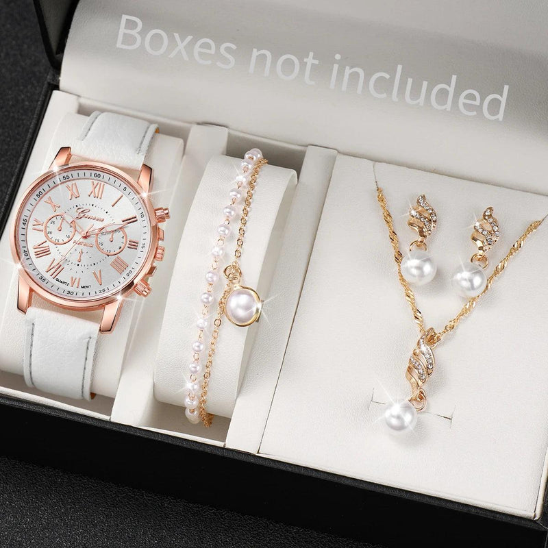 5PCS Women's Fashion Watch Set: Roma Dial Leather Band Quartz Watches with Pearls Jewelry (Without Box)