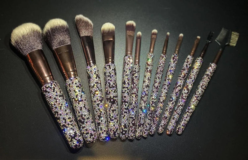 12-Piece Diamond-Studded Makeup Brush Set – Full Diamond Powder, Foundation & Concealer Brushes – Bling Beauty Tools