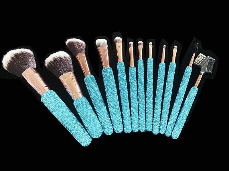 12-Piece Diamond-Studded Makeup Brush Set – Full Diamond Powder, Foundation & Concealer Brushes – Bling Beauty Tools