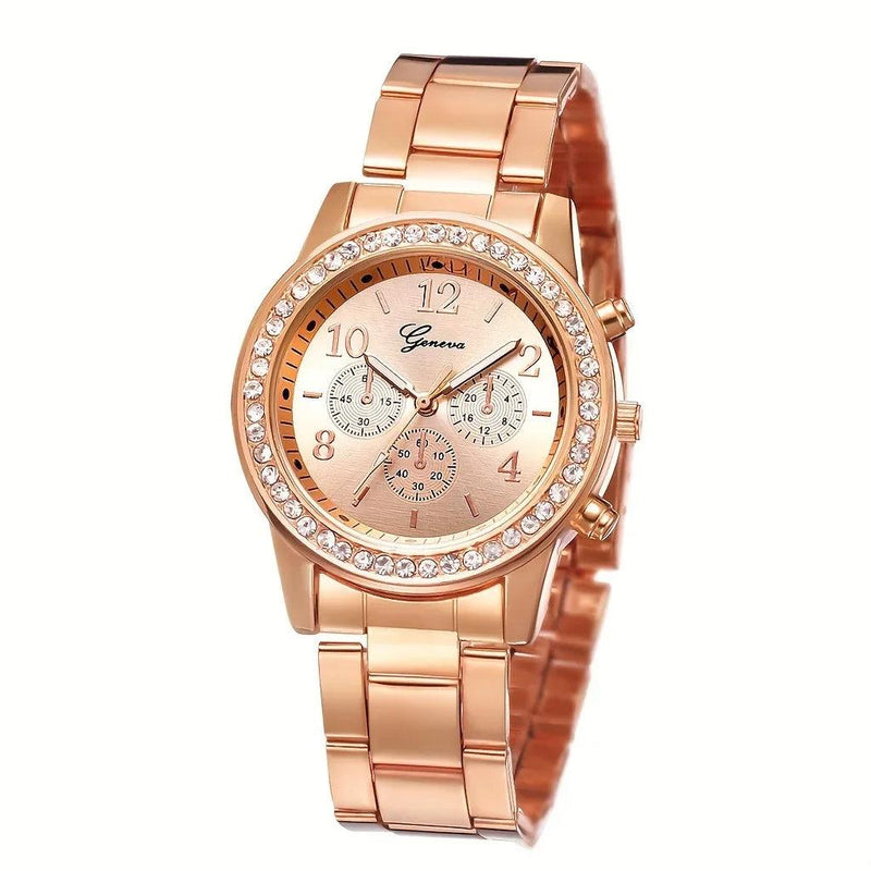 6-Piece Rose Gold Jewelry Set: Women's Luxury Watch, Ring, Necklace, Earrings, and Rhinestone Bracelet