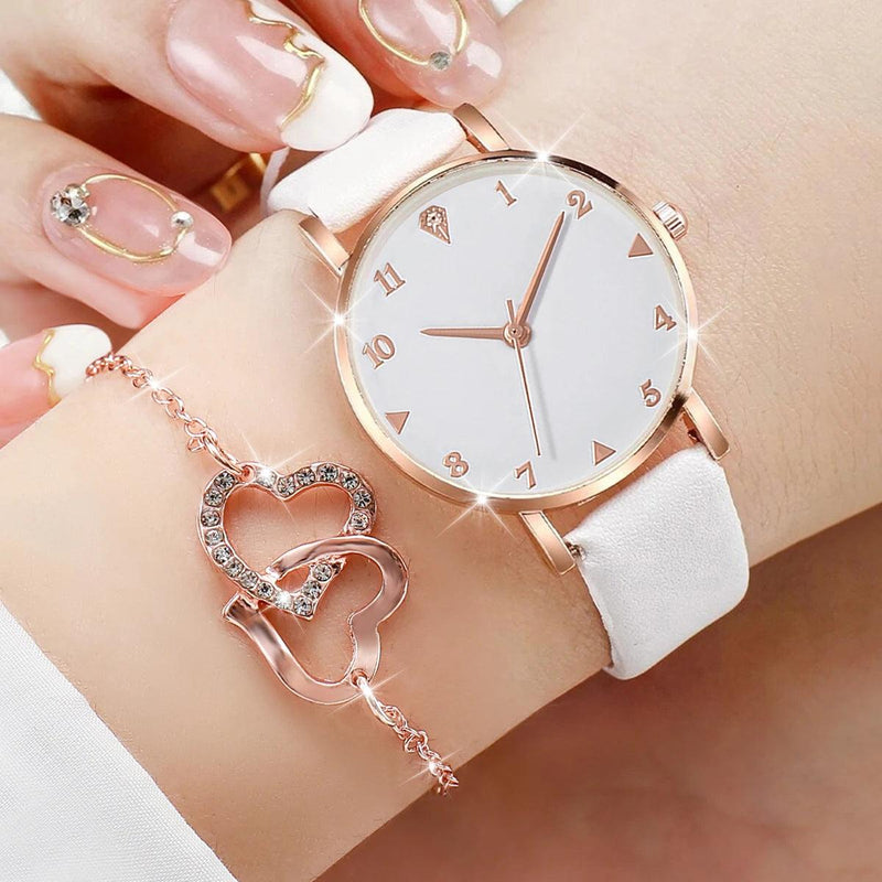 6PCS Women's Fashion Watch Set: Leather Band Quartz Watches with Double Heart Jewelry (Without Box)