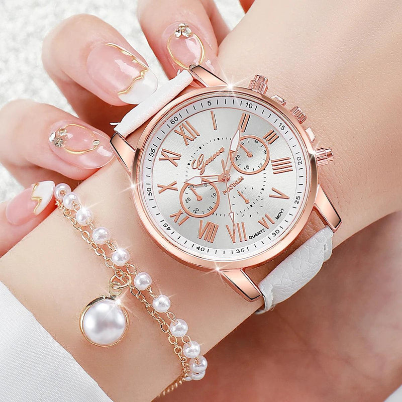 5PCS Women's Fashion Watch Set: Roma Dial Leather Band Quartz Watches with Pearls Jewelry (Without Box)