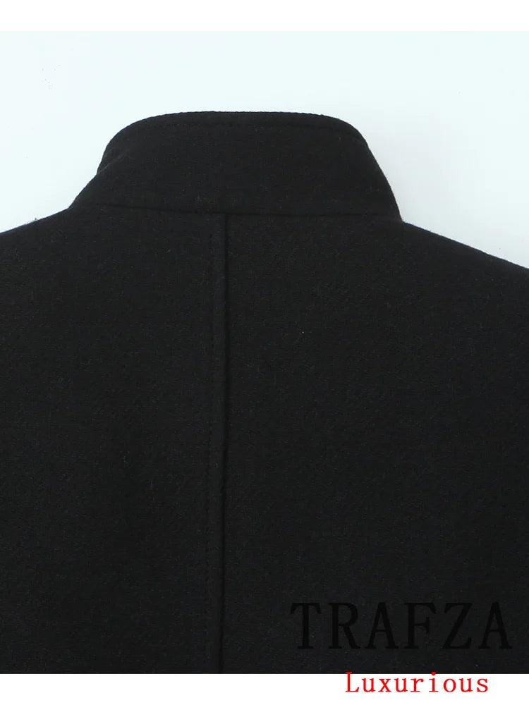 TRAFZA Vintage Chic Black Solid Women Overcoat Double Breasted Oversized Long Jacket New Fashion 2024 Autumn Winter Thick Coats