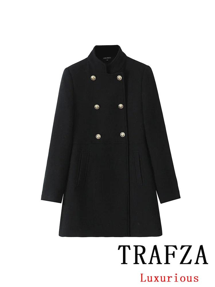 TRAFZA Vintage Chic Black Solid Women Overcoat Double Breasted Oversized Long Jacket New Fashion 2024 Autumn Winter Thick Coats