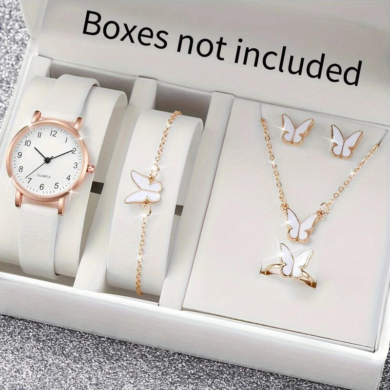 6PCS Women's Watch Set: Casual Arabic Dial Quartz Watches with PU Leather Strap & Butterfly Jewelry (Without Box)