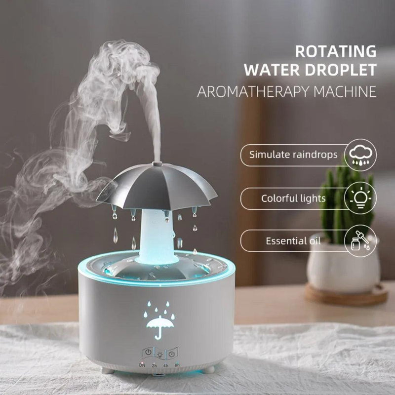 Rotating Umbrella Humidifier with Water Drops & Colorful Night Lights – Silent Aroma Diffuser