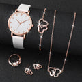 6PCS Women's Fashion Watch Set: Leather Band Quartz Watches with Double Heart Jewelry (Without Box)