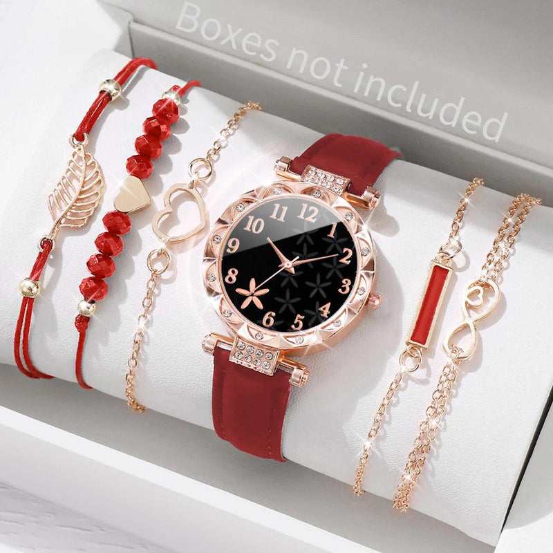 6PCS Women's Fashion Watch Set: Roma Heart Dial Quartz Watches with Leather Band and Leaf Bracelets (Without Box)