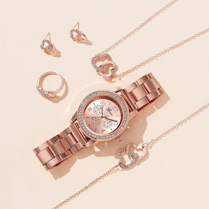 6-Piece Rose Gold Jewelry Set: Women's Luxury Watch, Ring, Necklace, Earrings, and Rhinestone Bracelet