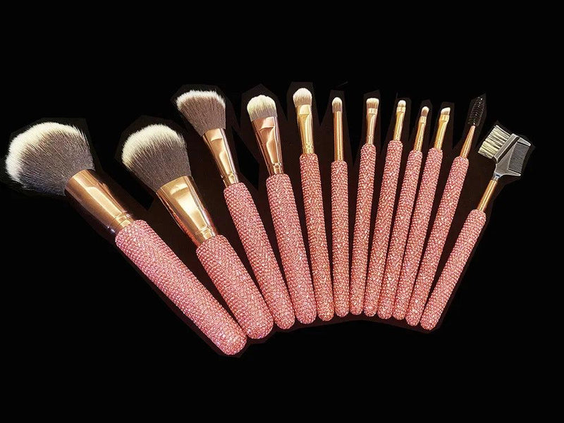 12-Piece Diamond-Studded Makeup Brush Set – Full Diamond Powder, Foundation & Concealer Brushes – Bling Beauty Tools